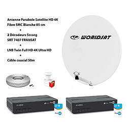 Kit Antenne Parabole Sat HD 4K Fibre SMC Blanche 85cm WORLDSAT + 2 Décodeurs Strong SRT 7407 FRANSAT + LNB Twin 4K Ultra Full HD + Câble Coax 50m