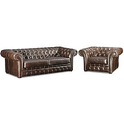 Avis Vente-Unique Canapé 3 places et un fauteuil 100% cuir vieilli chesterfield CLOTAIRE