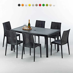 Grand Soleil Table rectangulaire et 6 chaises Poly rotin colorées 150x90cm noir Enjoy, Chaises Modèle: Bistrot Anthracite noir