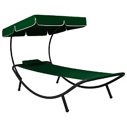 Helloshop26 Lit de repos transat chaise longue d'extérieur 200 cm avec auvent et oreiller vert 02_0012010