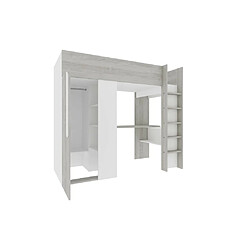 Avis Vente-Unique Lit mezzanine 90 x 200 cm avec armoire et bureau - Naturel grisé et blanc + Matelas - NICOLAS