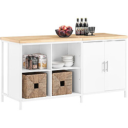 SoBuy îlot Central de Cuisine avec Plan de Travail en Bois d'hévéa, Desserte de Cuisine, Placard de Cuisine avec 2 Portes, 4 Cubes Compartiments, 170x60x89 cm, Blanc KNL09-WN