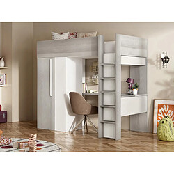 Vente-Unique Lit mezzanine 90 x 200 cm avec armoire et bureau - Naturel grisé et blanc + Matelas - NICOLAS