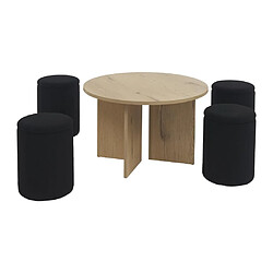 Avis Vente-Unique Table basse en MDF + 4 poufs en tissu bouclette - Naturel et noir - AKSAY