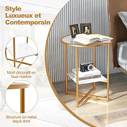 Helloshop26 Table d'appoint ronde bout de canapé en verre trempé ondulé cadre en métal étagère en faux marbre petite table basse salon 50 x 50 x 60 cm blanc 20_0005207