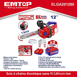 Tronçonneuse à batterie Scie à chaine sans fil EMTOP 20V brushless avec 1 chargeur 4A + 2 batteries lithium-ion 5.0Ah + Gant picots PVC Lunettes de sécurité Longueur de Coupe 30 cm+EMTOP