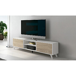 Pegane Meuble TV coloris blanc/chêne - Longueur 180 x Profondeur 39,6 x Hauteur 49 cm