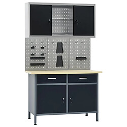 Helloshop26 Etabli 120 cm avec 3 panneaux muraux et 1 armoire atelier table de travail gris noir 02_0003661