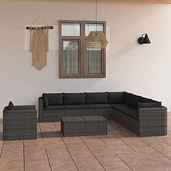 vidaXL Salon de jardin 9 pcs avec coussins Résine tressée Gris