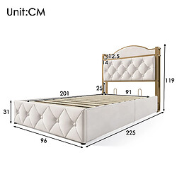 Avis KOMHTOM Lit de rangement simple beige clair 90 x 200, cadre en métal, cadre de lit avec fonction de chargement USB type C (avec matelas)