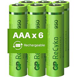 Piles Rechargeables AAA - Lot de 6 Piles | GP Recyko | Batteries AAA LR3 Rechargeables 950 mAh NiMH | Pré-Chargées et Haute capacité