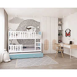 Avis Kids Literie Lit Superposé 3 Places Tomy 90x190 Blanc - bleu Livré avec sommiers, tiroir et matelas en mousse de 7cm