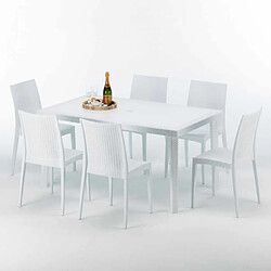 Avis Table Rectangulaire Blanche 150x90cm Avec 6 Chaises Colorées Grand Soleil Set Extérieur Bar Café Bistrot Summerlife, Couleur: Blanc