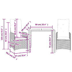 Acheter vidaXL Ensemble de bistro de jardin 3 pcs coussins gris poly rotin