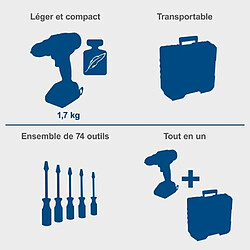 Acheter Perceuse-visseuse SCHEPPACH - 20V IXES - 50 Nm mandrin 13mm + 2 batteries + chargeur + 74 accessoires + Coffret - C-DTB74/2-X