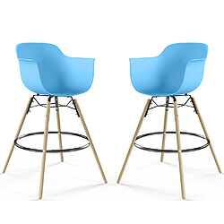 ICONIK INTERIOR Tabouret de Bar - Design Scandinave - Pieds en Bois - Lot de 2 - Nordika Bleu