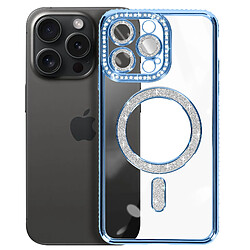 Avizar Coque Diamant pour iPhone 15 Pro Max Protection MagSafe Contour Strass Bleu Clair