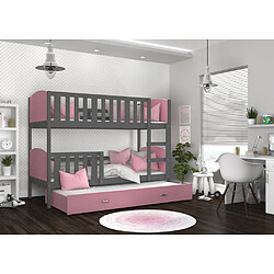 Acheter Kids Literie Lit Superposé 3 Places Tomy 90x190 Gris - rose Livré avec sommiers, tiroir et matelas en mousse de 7cm