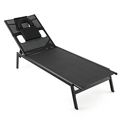 Helloshop26 Chaise longue d'extérieur en fer avec 1 face et 2 trous latéraux 5 positions de dossier appui-tête amovible 150 kg noir 20_0005013