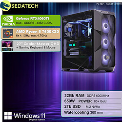 Sedatech Pack PC Gamer ATX Premium • AMD Ryzen 5 7600X3D • RTX4060Ti • 32Go DDR5 • 2To SSD M.2 • Windows 11 • Moniteur 27''