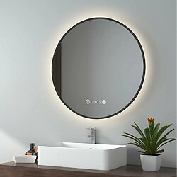 EMKE Miroir lumineux salle de bain rond diamètre 70cm Cadre Noir, Miroir LED avec Interrupteur Tactile, Anti-buée, Horloge et Temperature, Lumière Neutre