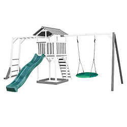 AXI Beach Tower Aire de Jeux avec Toboggan en VERT, Cadre d'escalade, Balançoire Nid d'oiseau VERT & Bac à Sable | Grande Maison Enfant extérieur en Gris & BLANC | Cabane de Jeu en Bois FSC