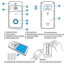 Universal Smart WiFi Vidéo Sonnette Caméra Vision Walkie-talkie avec buzzer Vision nocturne Sonnette IP Caméra de sécurité sans fil à domicile | Sonnette (argent) pas cher