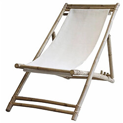 L'Héritier Du Temps Fauteuil Bain de Soleil Siège de Jardin Transat Bas Intérieur Extérieur en Bambou Naturel et Tissu Blanc 60x80x112cm