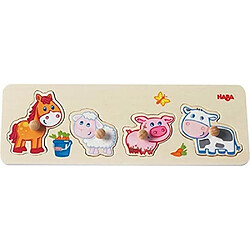 HABA Puzzle bAbA animaux de la ferme - Puzzle en bois 4 piAces A boutons gAants pour 1 an et plus