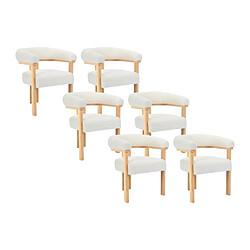 Lot de 6 chaises avec accoudoirs en tissu bouclette et bois d'hévéa - Blanc et naturel - LIVELIA de Pascal MORABITO