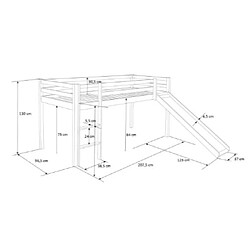 Homestyle4U Lit mezzanine 90x200 avec toboggan + echelle + rideau et tunnel gris etoiles