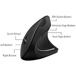 Souris Optique Ergonomique Verticale Sans Fil 2.4G, 800/1200/1600 DPI, 5 Boutons pour Ordinateur Portable, Bureau, PC, Macbook - Noir