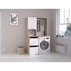 Vente-Unique Meuble pour machine à laver avec penderie et placards - Naturel clair et blanc - L111 x H184 cm - ERKANO