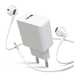 Avizar Pack Chargeur Secteur USB 2.1A et Écouteurs Filaires Jack 3.5mm Blanc