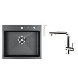 Auralum MAX Évier Cuisine 1 Bac 55*45CM Noir+Robinet Cuisine Douchette Extractible Deux Jets Pivotant 360°