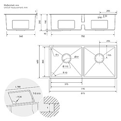 ML-Design Évier double inox cuisine bac à encastrer anthracite vidage trop-plein 81,5x40cm pas cher