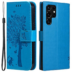 Etui en PU motif de chat et d'arbre, magnétique avec support et sangle pour votre Samsung Galaxy S23 Ultra - bleu