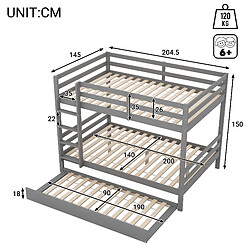 Avis KOMHTOM Lit d'enfant superposé gris 140 * 200cm avec lit gigogne, barre de barre haute, escalier stable