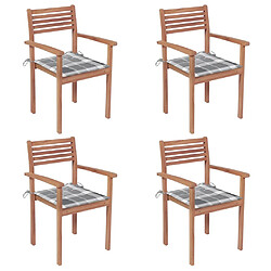 vidaXL Chaises de jardin lot de 4 avec coussins à carreaux gris Teck 