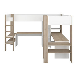 Vente-Unique Double lit mezzanine d'angle 2 x 90 x 200 cm - Avec rangements et bureaux - Blanc et naturel - LASCANO pas cher