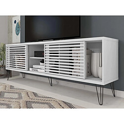 Pegane Meuble TV en bois avec 2 portes coloris blanc - longueur 180 x profondeur 36 x hauteur 46 cm