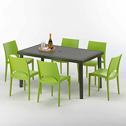 Grand Soleil Table rectangulaire 6 chaises Poly rotin resine 150x90 marron Focus, Chaises Modèle: Paris Vert