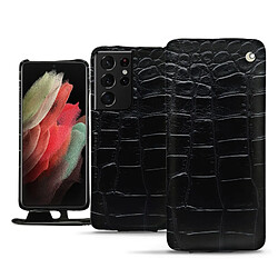 Housse cuir Samsung Galaxy S21 Ultra - Rabat vertical - Crocodile nero ( Noir / Black) - NOREVE