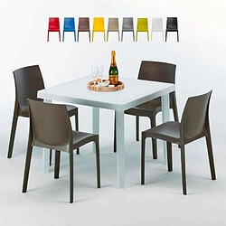 Table Carrée Blanche 90x90cm Avec 4 Chaises Colorées Grand Soleil Set Extérieur Bar Café Rome Love, Couleur: Marron