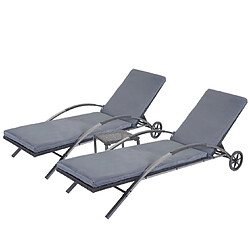 Mendler 2x Chaises longues HWC-E27 en polyrotin ~ noir, coussins gris foncé