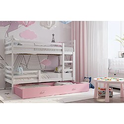 Kids Literie Lit Superposé Milo 90x190 Blanc - rose Livré avec sommiers, tiroir et matelas en mousse de 7cm