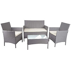 Decoshop26 Salon de jardin avec fauteuils banc et table en poly-rotin gris et coussin crème MDJ04148