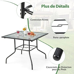 Helloshop26 Table de jardin carrée en verre trempé trou de parasol 38mm pour 4 personnes table d'appoint pour patio piscine balcon 20_0005129