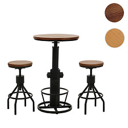 Mendler Set table de bar + 2x tabourets de bar HWC-N17, chaise de bar table haute réglable en hauteur pivotante repose-pieds industriel bois ~ brun