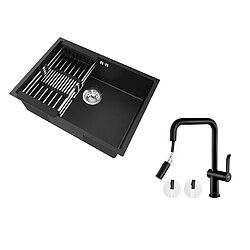 Auralum Max Évier Cuisine 1 Bac 60*44*20CM,inox 304,à Encastrer/sous-plan avec Panier Drainage,Noir+Robinet Cuisine avec Douchette Extractible,Noir